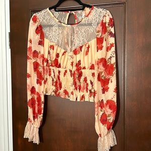 Free People Womens Daphne Cropped Top Size S Pink Floral Long Sleeve Round Neck